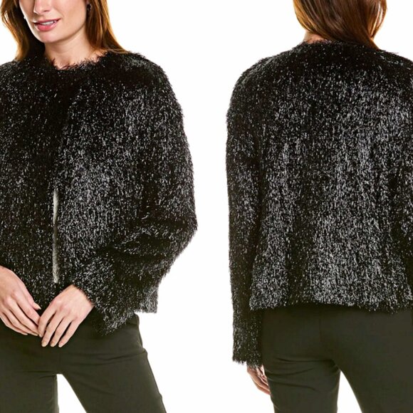 Lafayette 148 New York Black Shiny Fluffy Tinsel Crewneck Jacket sz XXL $998